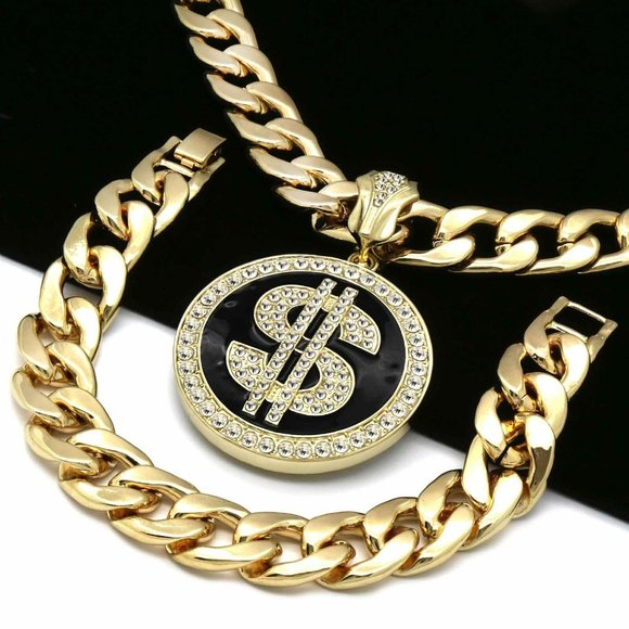 14k Gold Dollar 30" Chain + Bracelet + Pendant - Picture 1 of 6